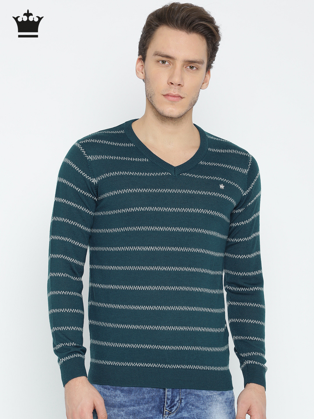 Buy Louis Philippe Men Teal Green Striped Pullover Sweter - Sweaters for Men 2216881 | Myntra