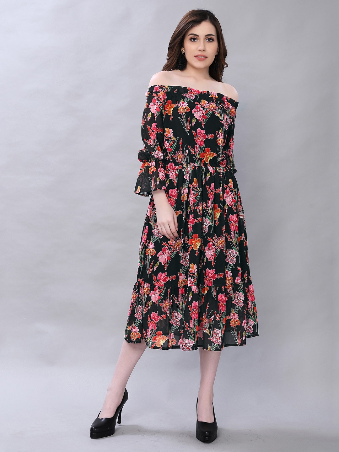 Buy Selvia Black Floral Off Shoulder Midi Dress - Dresses for Women ...