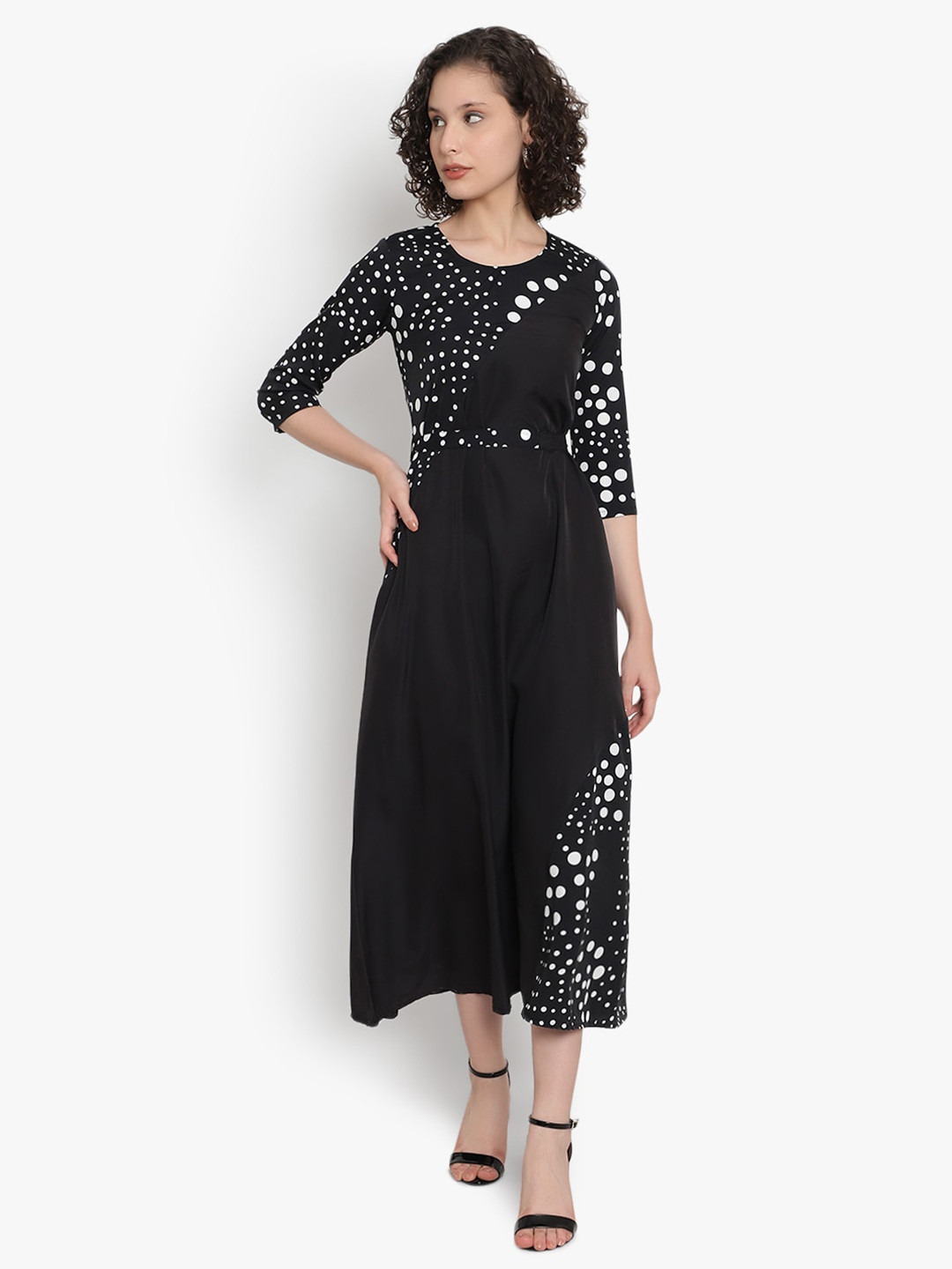 Indi & Cold Floral Print Midi Dress in Beige & Black
