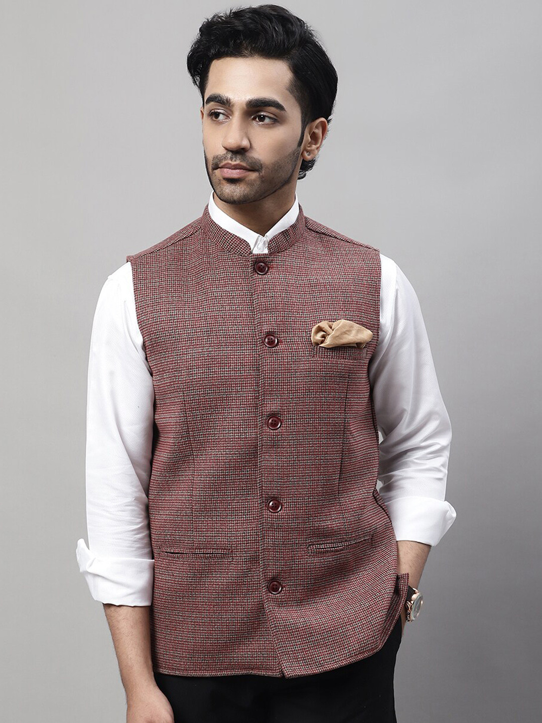 Buy Even Men Woven Design Mandarin Collar Nehru Jacket With Welt