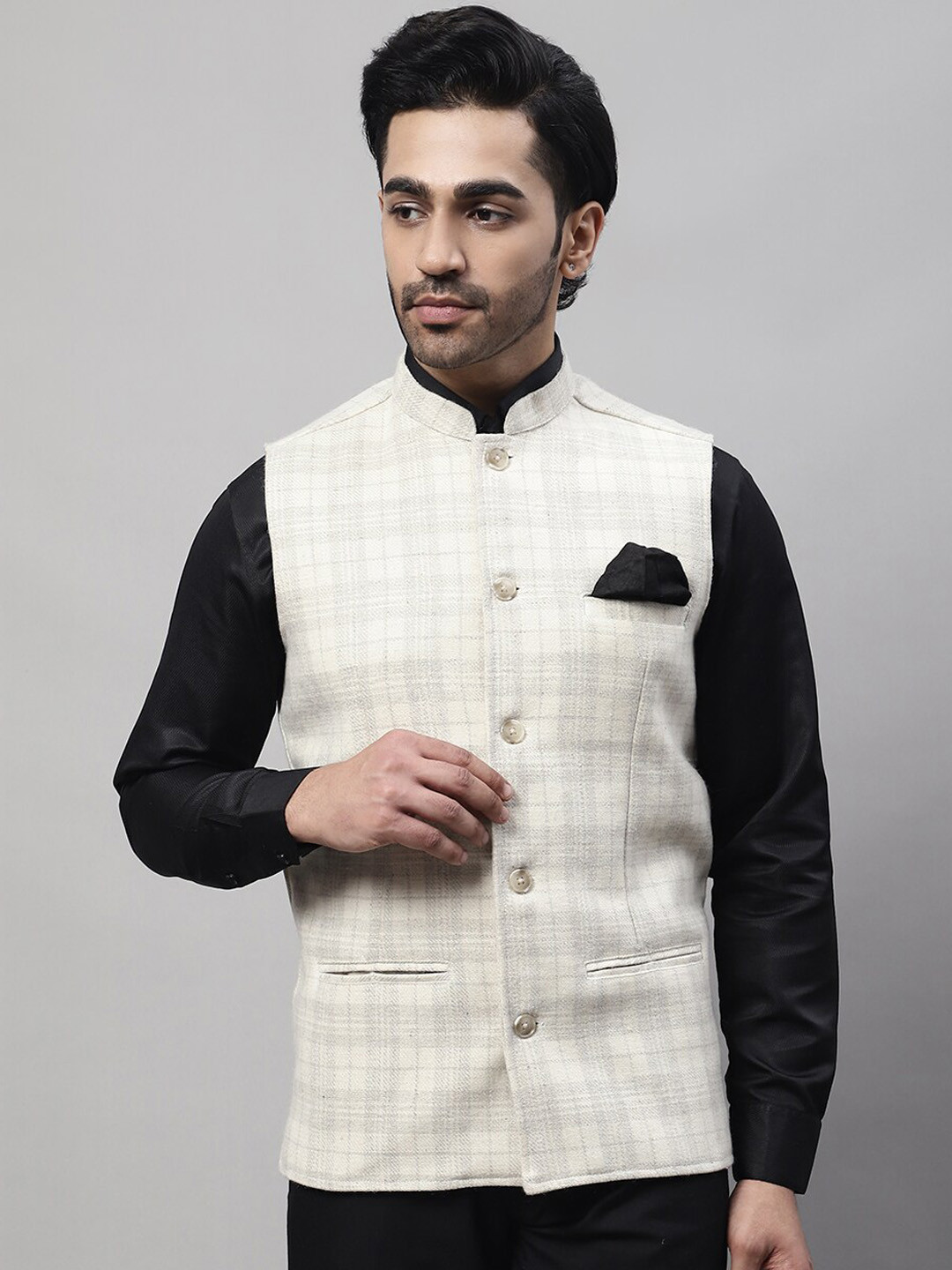Buy Even Men Checked Mandarin Collar Nehru Jacket With Welt Pockets