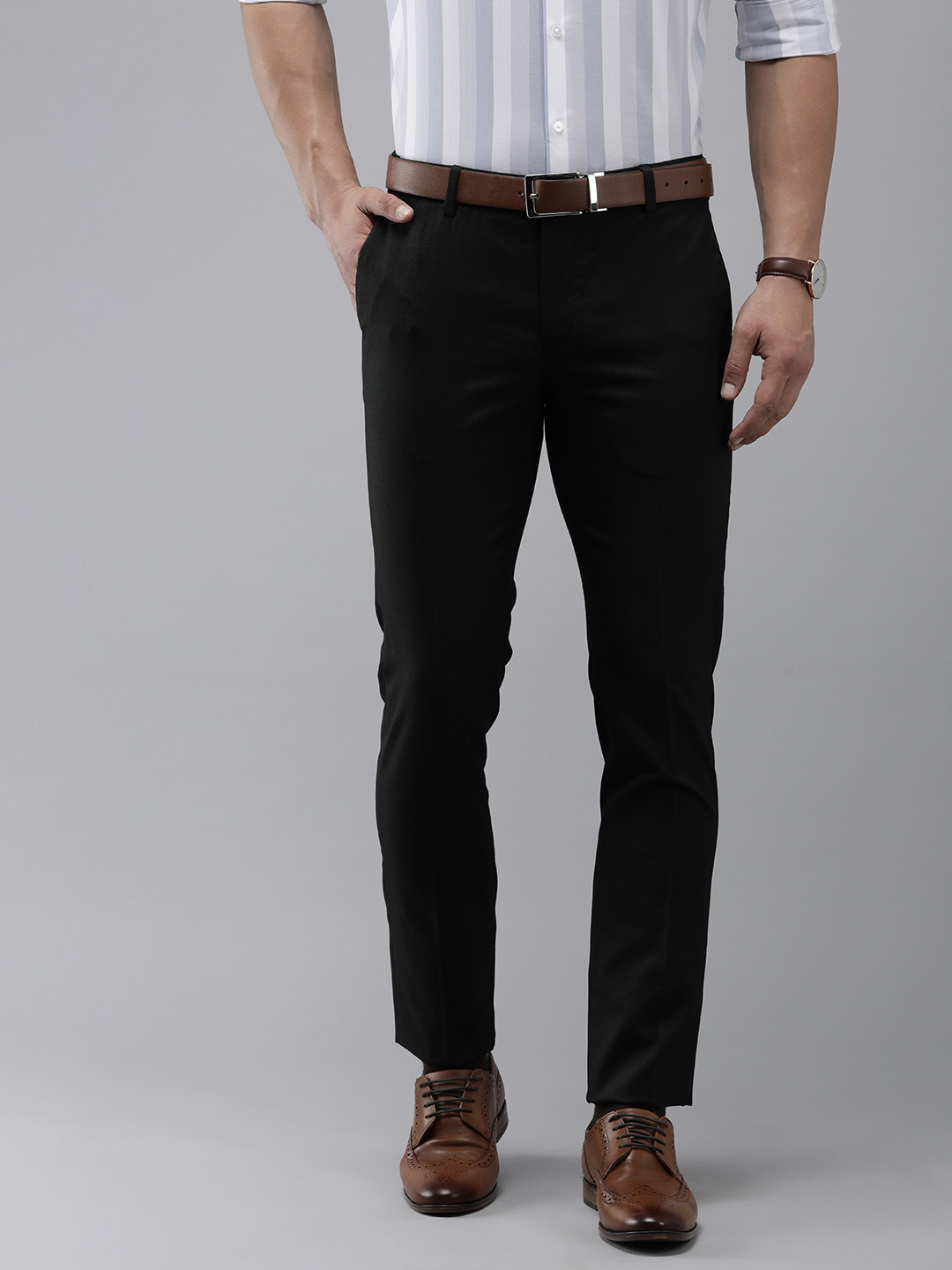 Buy Arrow Men Tailored Fit Textured Mid Rise Formal Trousers - Trousers ...