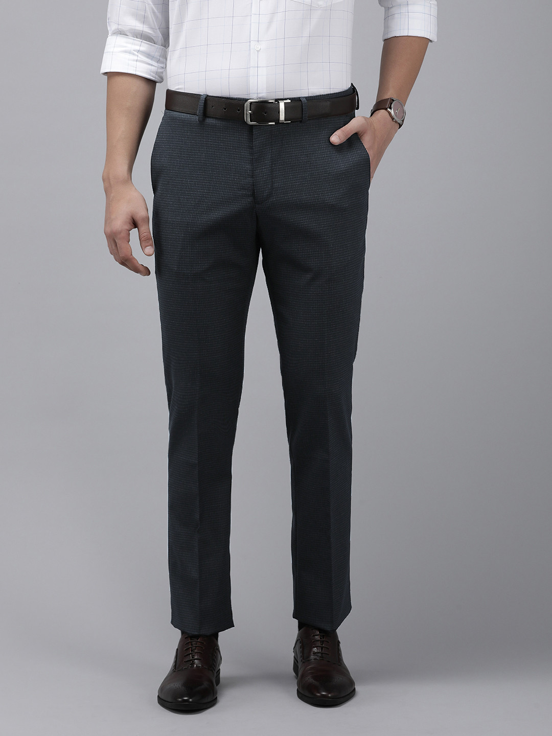 Buy Arrow Men Checked Tailored Fit Mid Rise Formal Trousers - Trousers ...