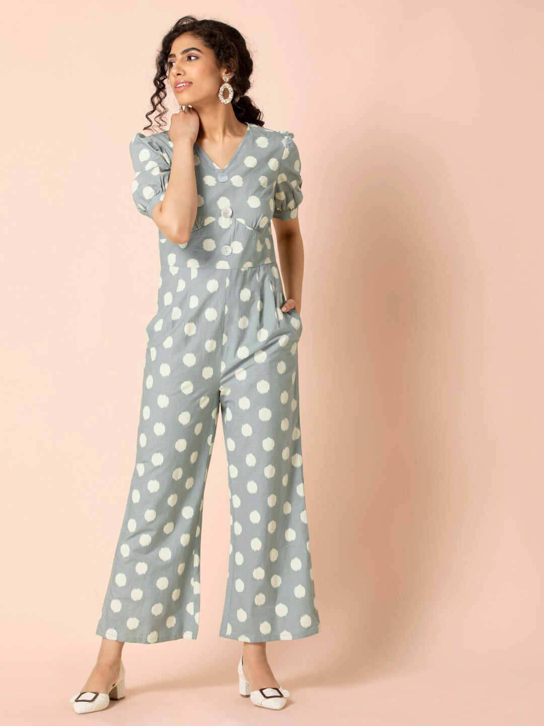 Buy INDYA Ikat Printed Pure Cotton Bell Bottom Jumpsuit Jumpsuit for