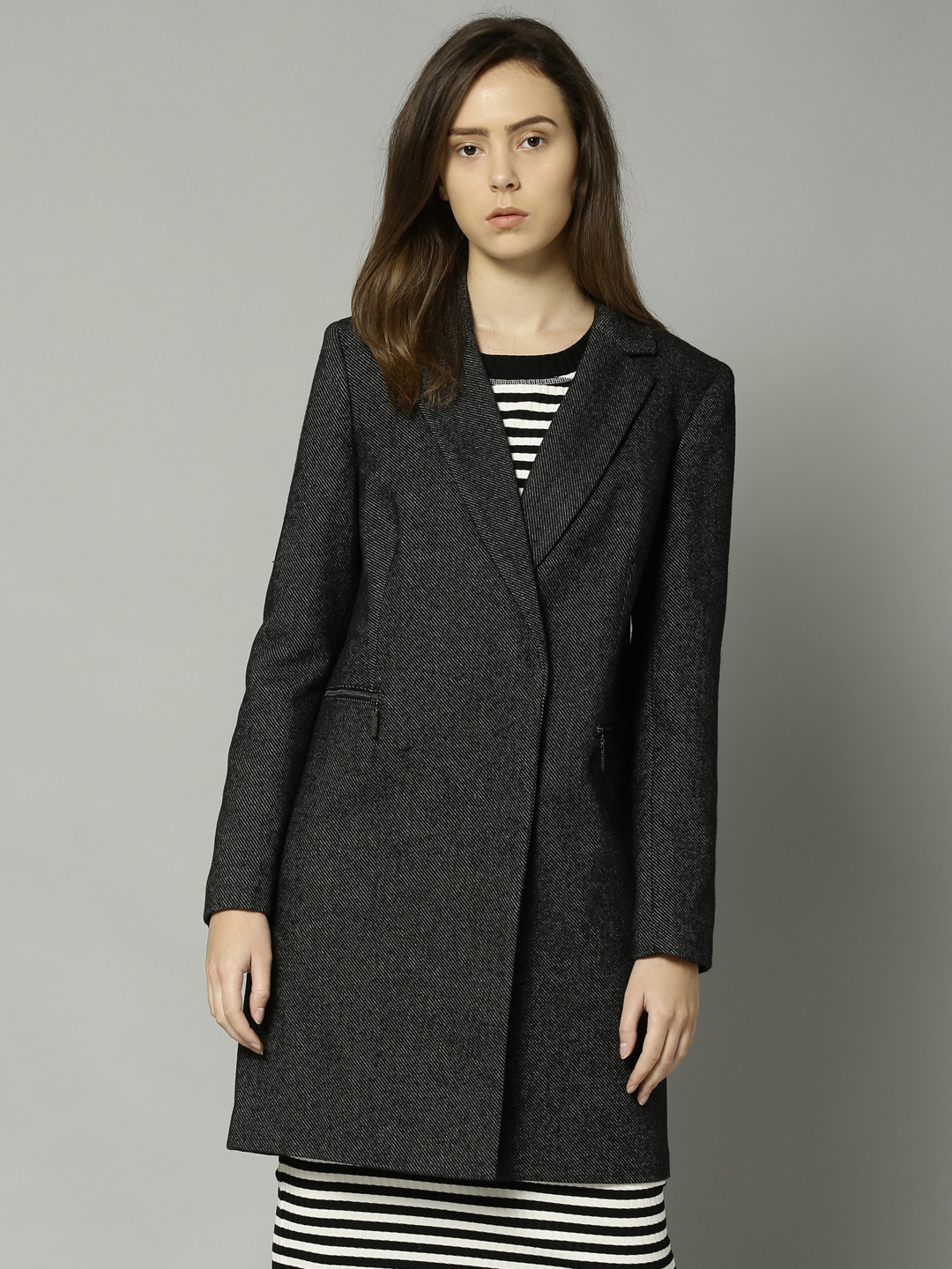 Buy Marks & Spencer Charcoal Grey Double Breasted Longline Coat Coats