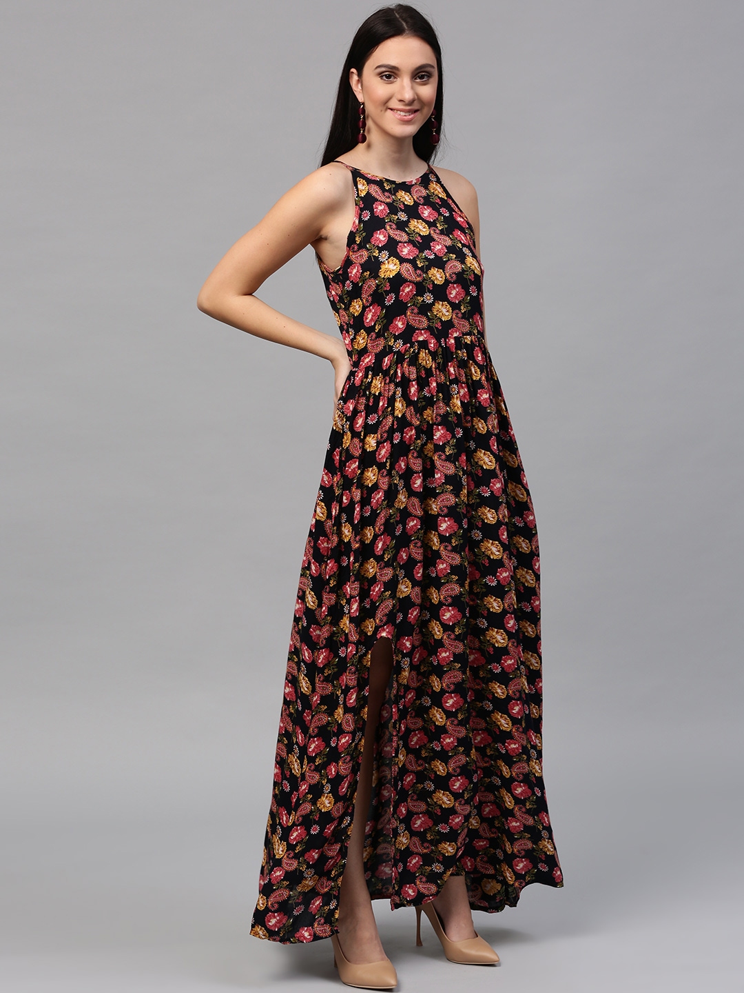 Buy VVINE Women Black & Pink Printed Maxi Dress - Dresses for Women ...