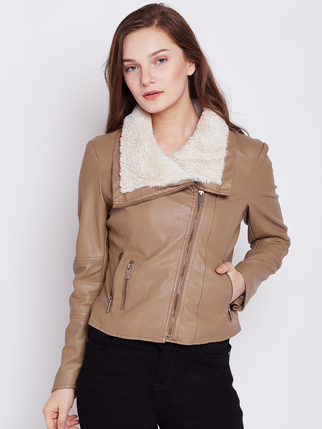 Buy COVER STORY Women Brown Solid Asymmetric Closure Biker Jacket