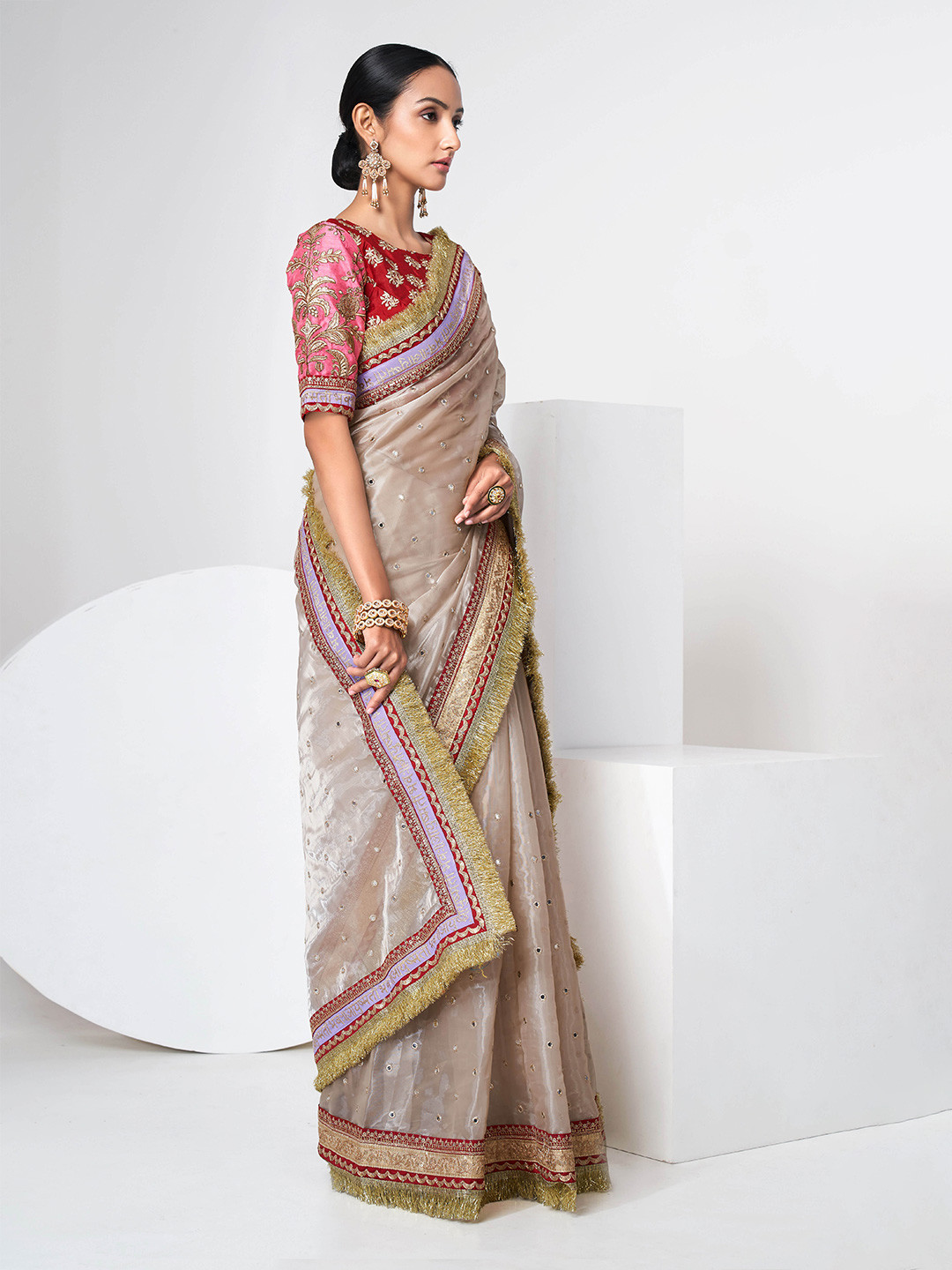 Buy Fusionic Mirror Work Embellished Tissue Saree Sarees for Women