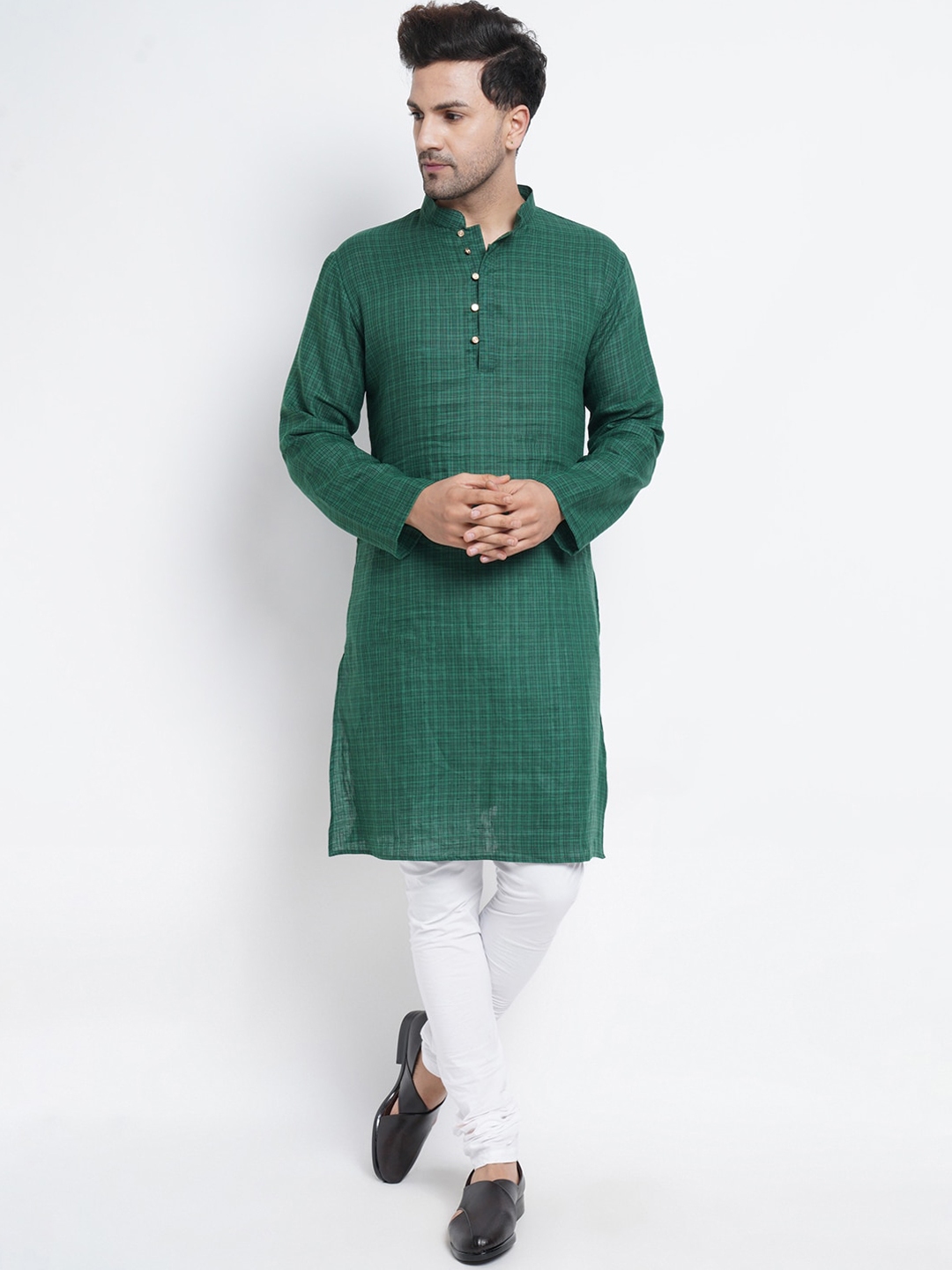 Buy Purple State Checked Mandarin Collar Straight Cotton Kurta Kurtas