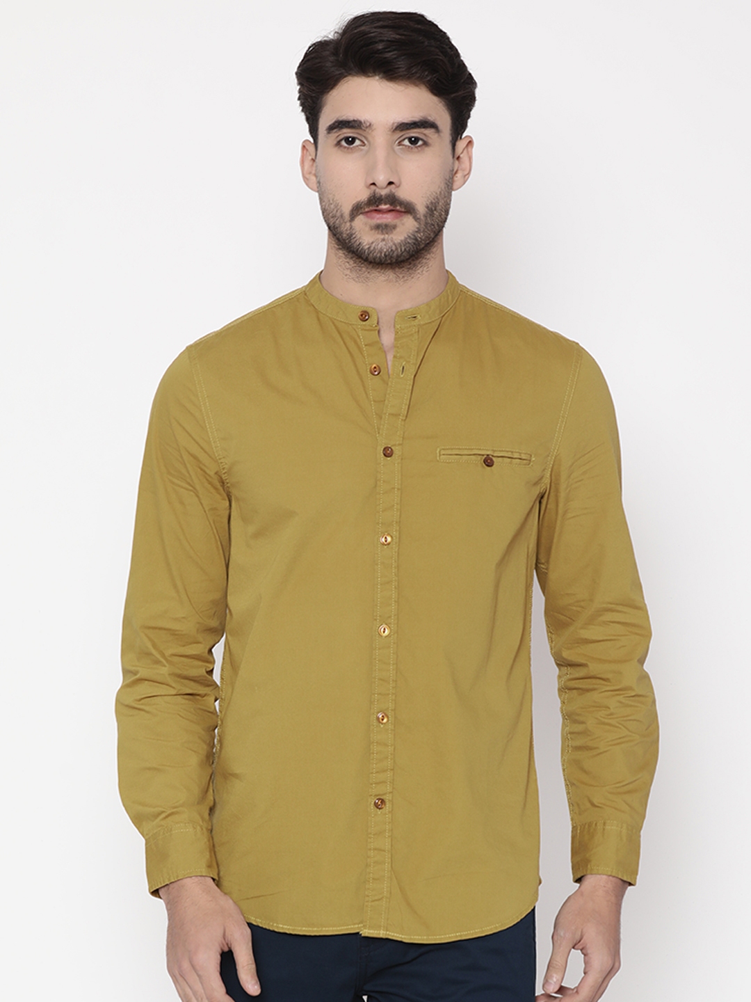 Buy Slub Men Mustard Yellow Comfort Slim Fit Solid Casual Shirt ...
