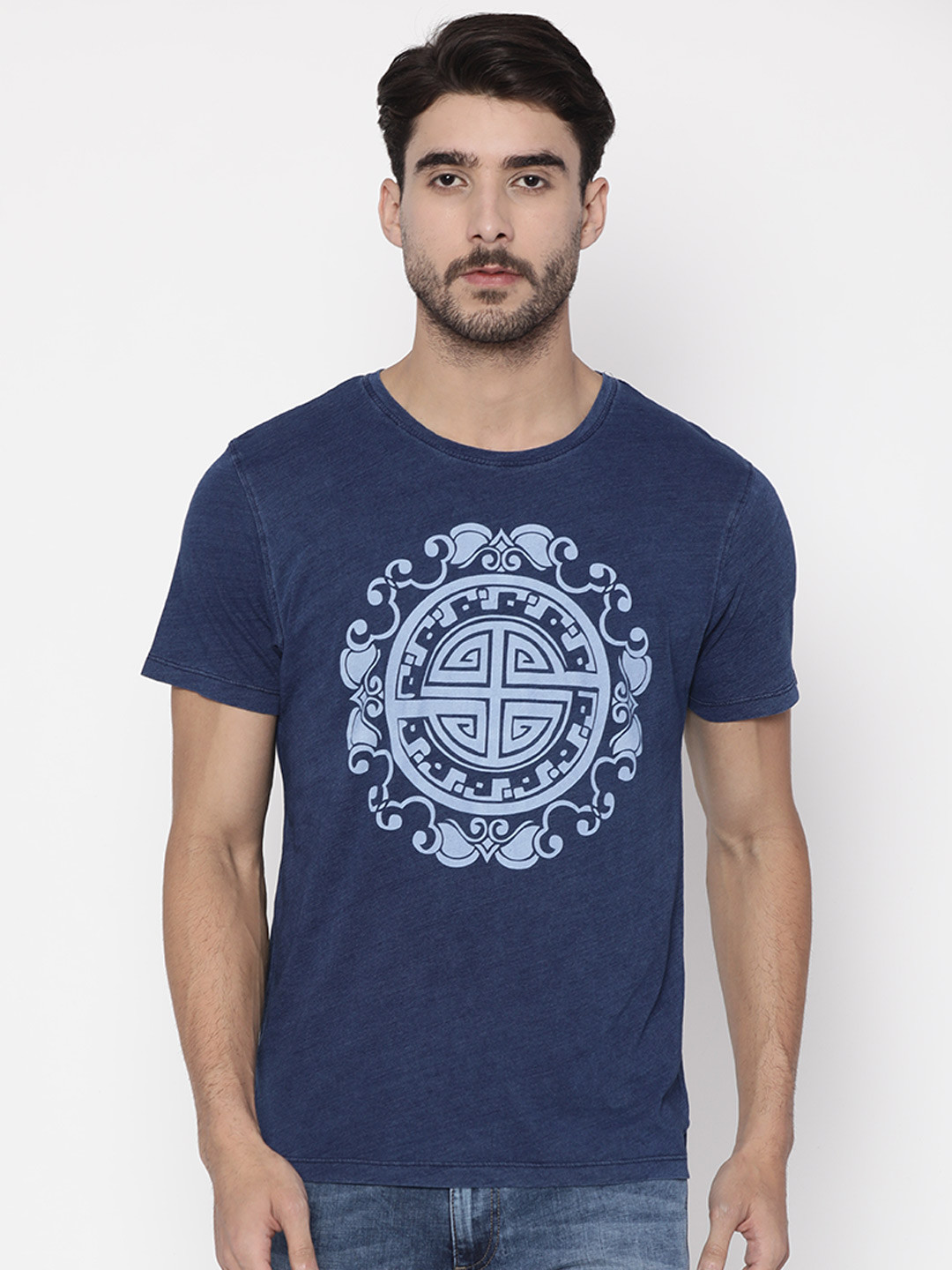 Buy Slub Men Blue Printed Round Neck Pure Cotton T Shirt Tshirts for