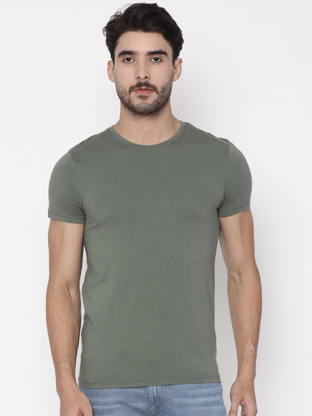 Buy Slub Men Green Solid Round Neck T Shirt Tshirts for Men 2218153