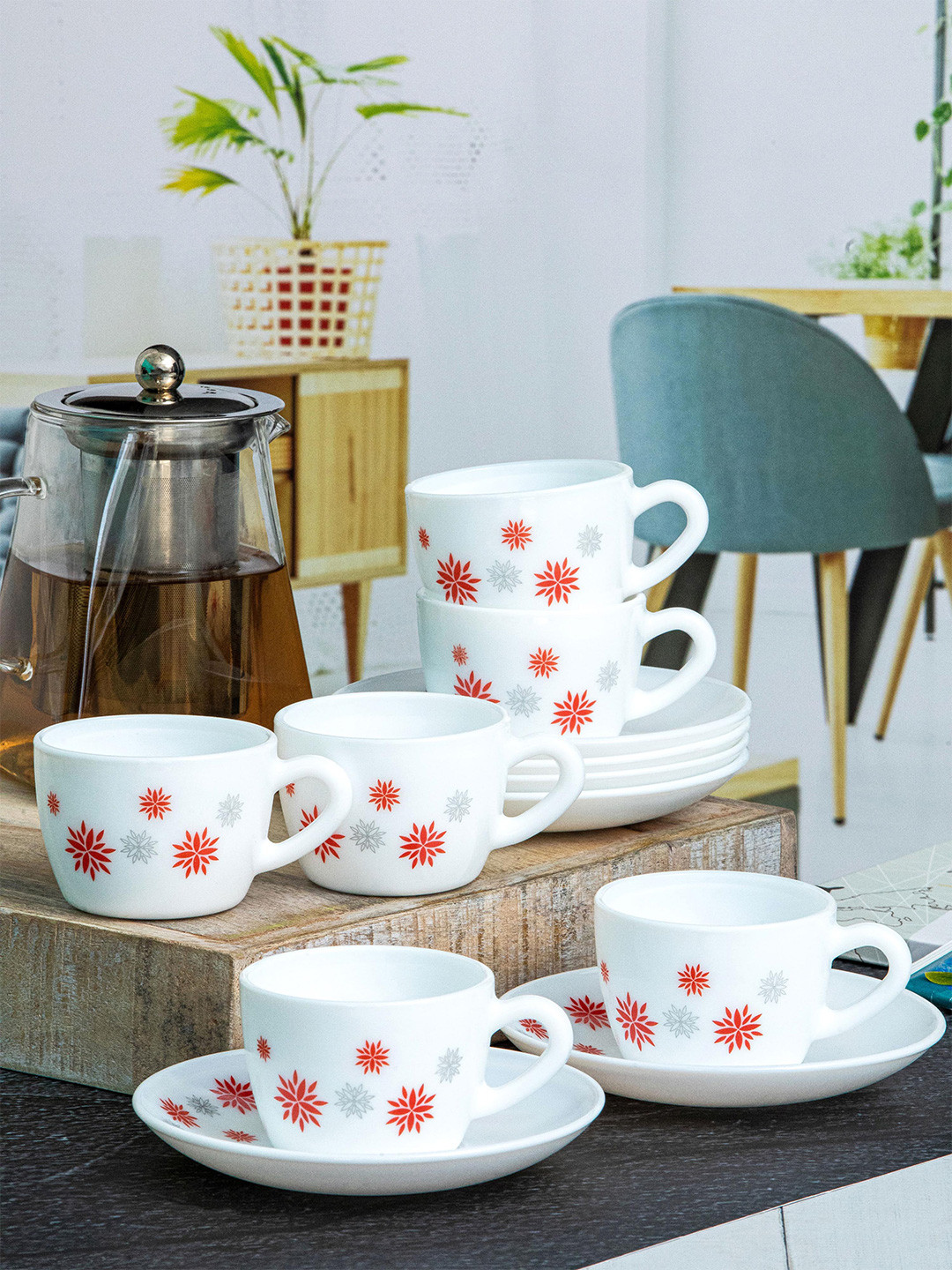 Buy Cello Opalware Dazzle Queen 12 Pieces White Printed Cups And