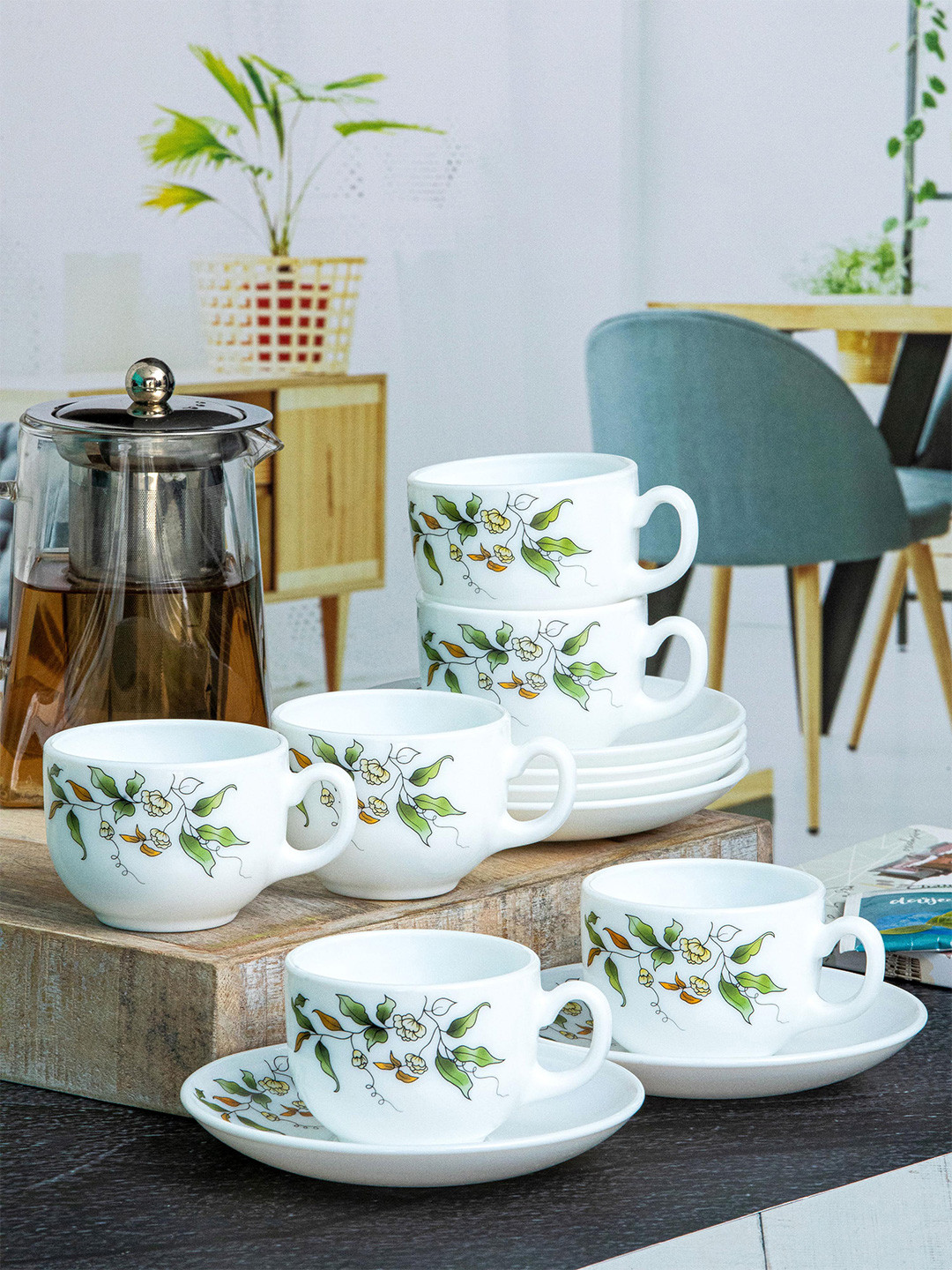 Buy Cello Opalware Royale Costa 12 Pieces White Printed Glossy Cups And