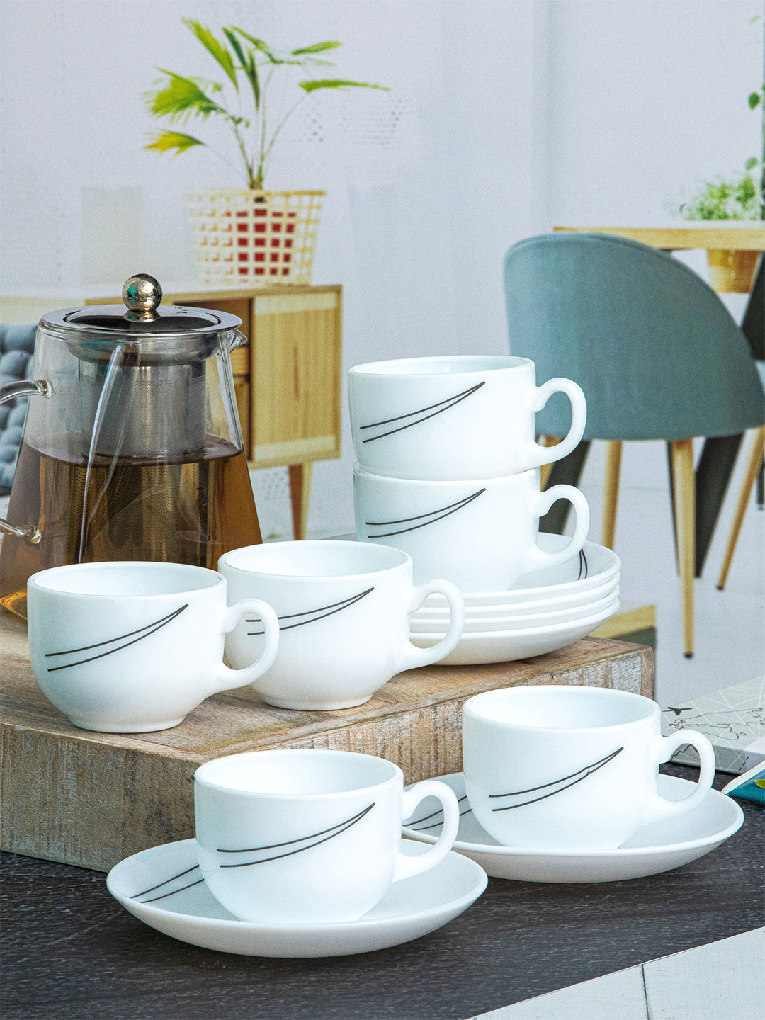 Buy Cello Opalware Royale Costa 12 Pieces White Printed Glossy Cups And