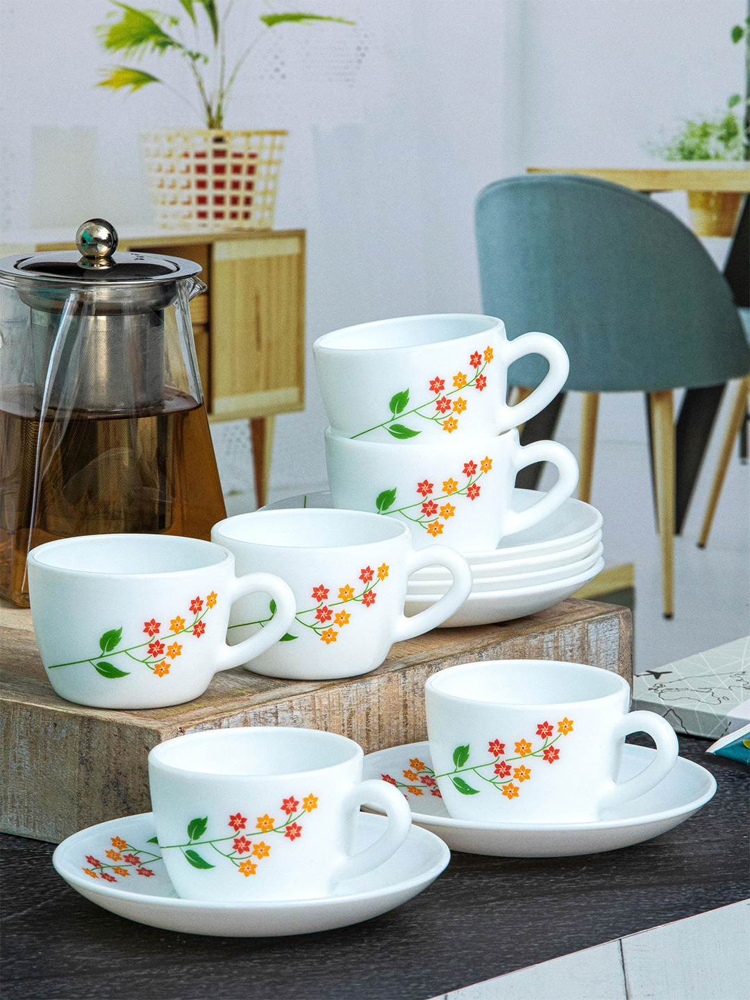 Buy Cello Opalware Dazzle Queen 12 Pieces White Printed Glossy Cups And