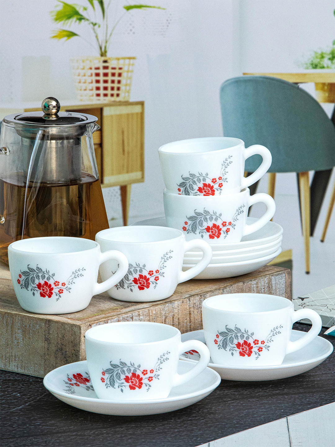 Buy Cello Opalware Dazzle Queen 12 Pieces White Printed Cups And