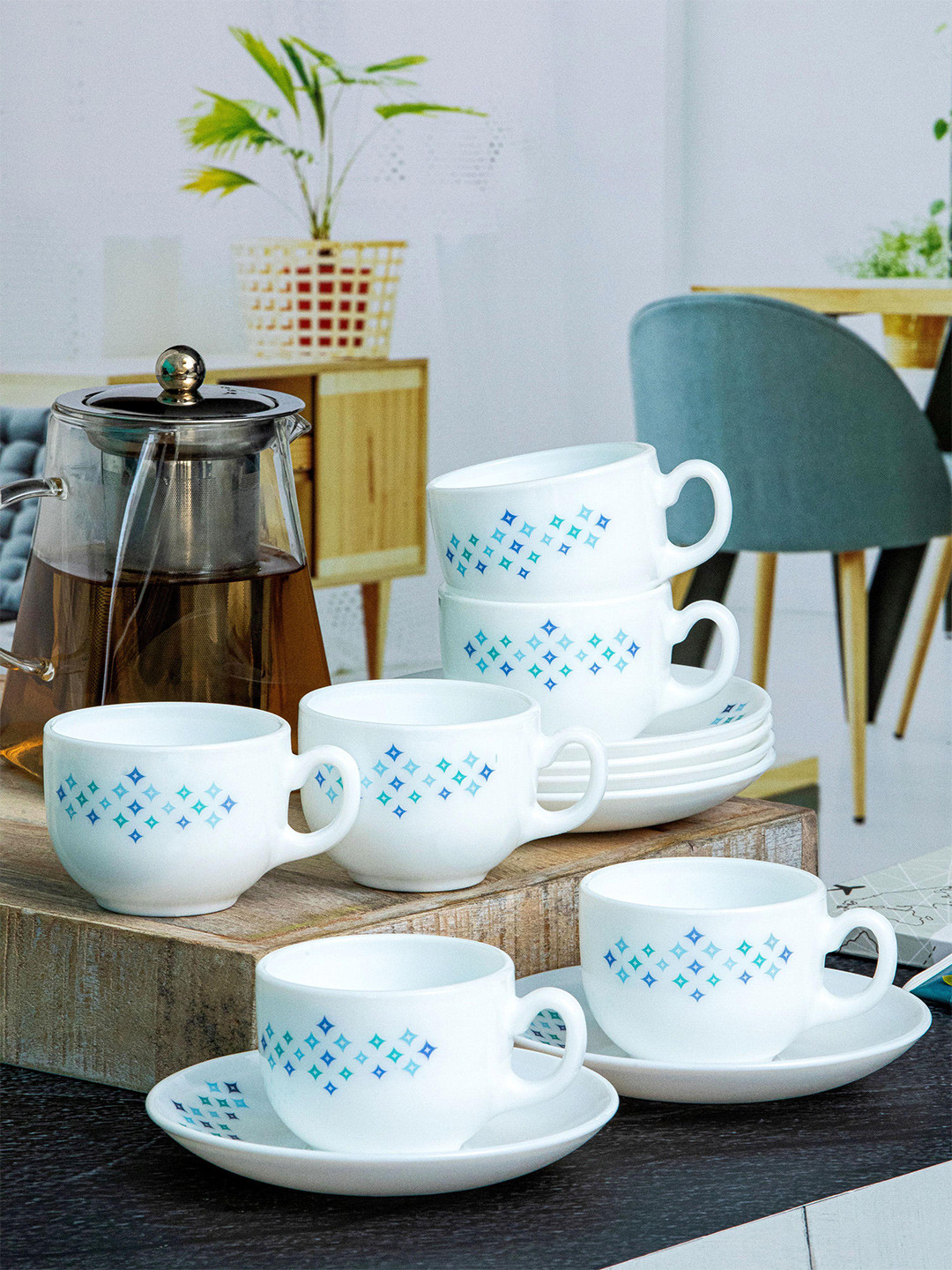 Buy Cello Opalware Royale Costa 12 Pieces White Printed Glossy Cups And