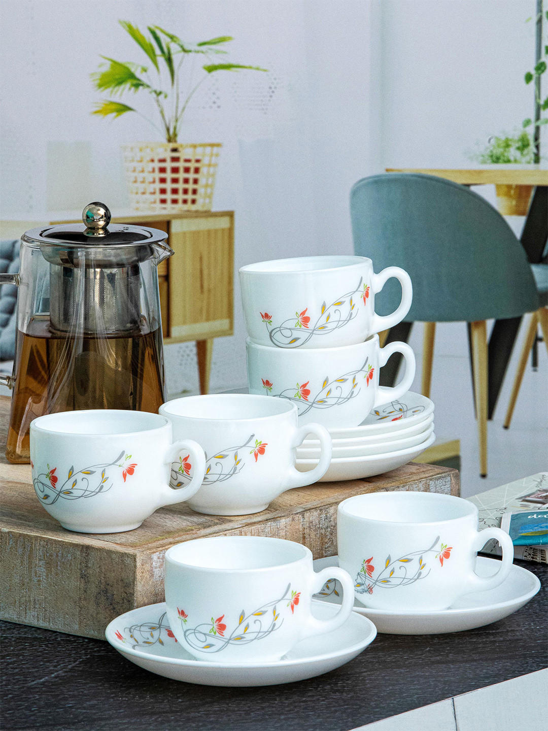 Buy Cello Opalware Royale Costa 12 Pcs White Printed Glossy Cups And