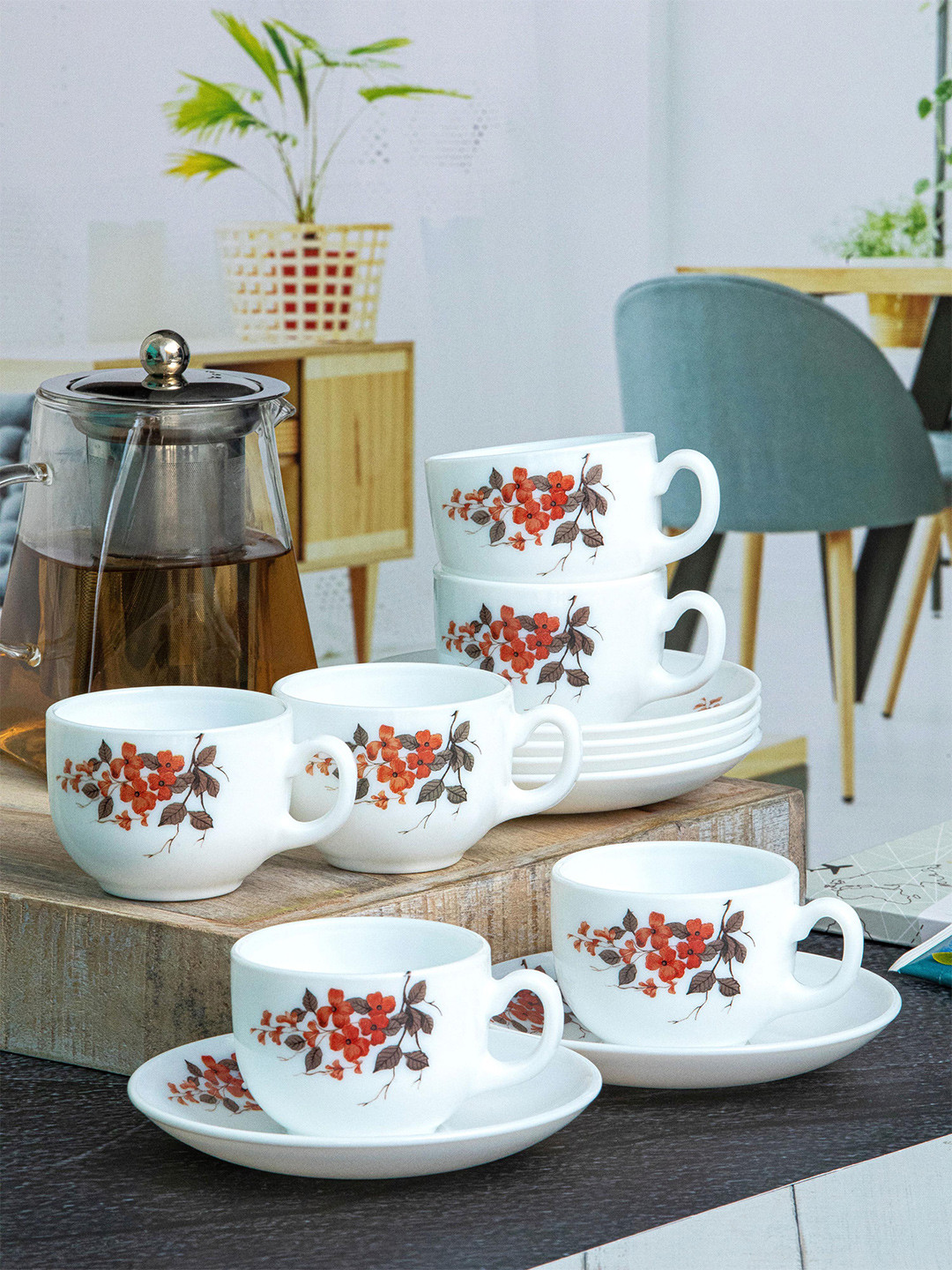 Buy Cello Opalware Royale Costa 12 Pieces White Printed Glossy Cups And