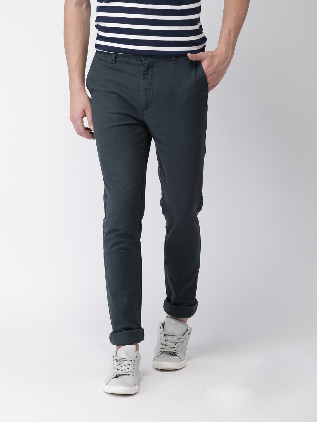 Buy Mast & Harbour Men Navy Blue Slim Fit Solid Regular Trousers