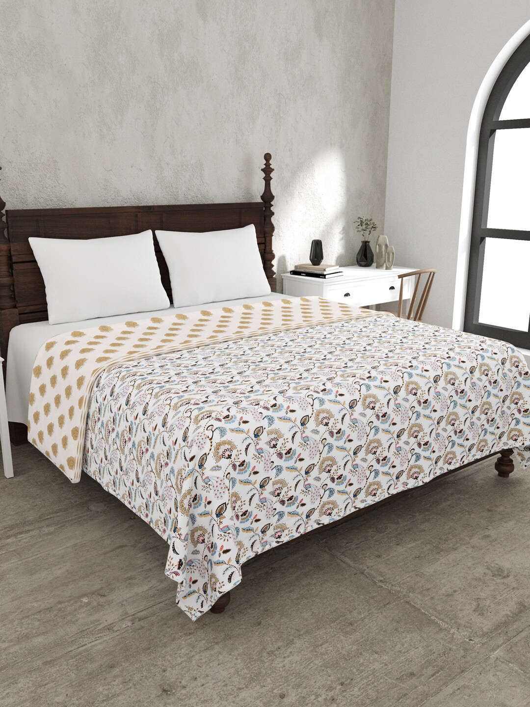 Buy JAIPUR FABRIC White & Blue Mild Winter 120 GSM Pure Cotton Double