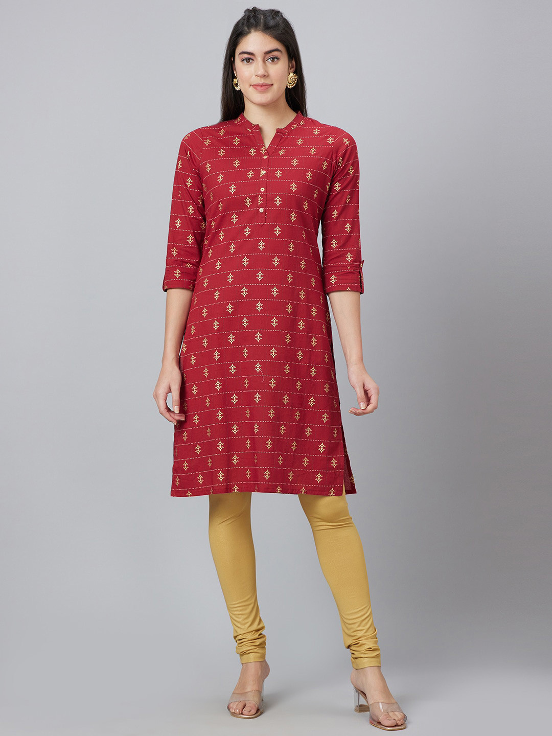 Buy Globus Band Collar Ethnic Motifs Printed Straight Cotton Kurta