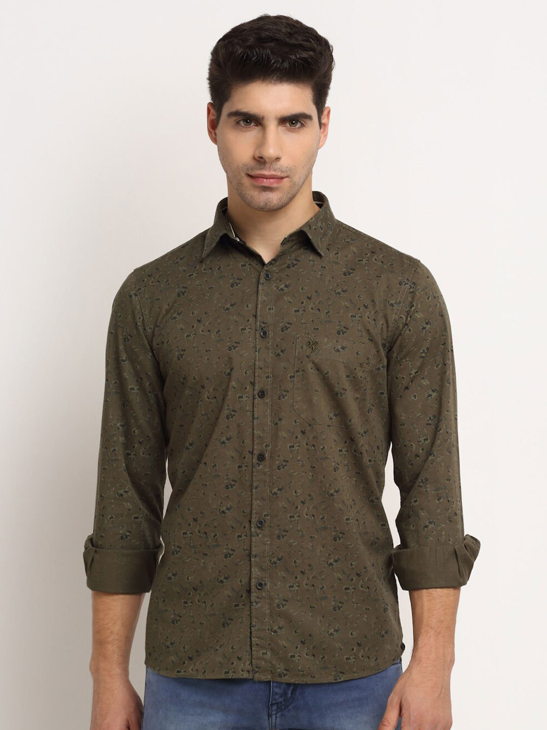 Men's Olive Comfort Typography Printed Cotton Casual Shirt