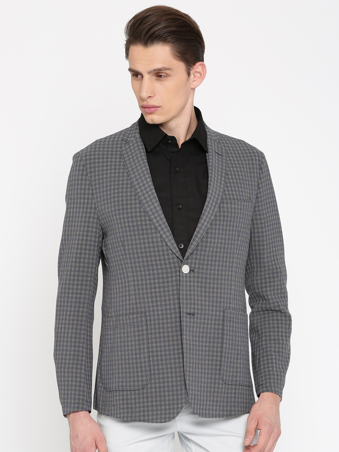 Buy Peter England Beige & Navy Checked Euro Fit Single Breasted Formal