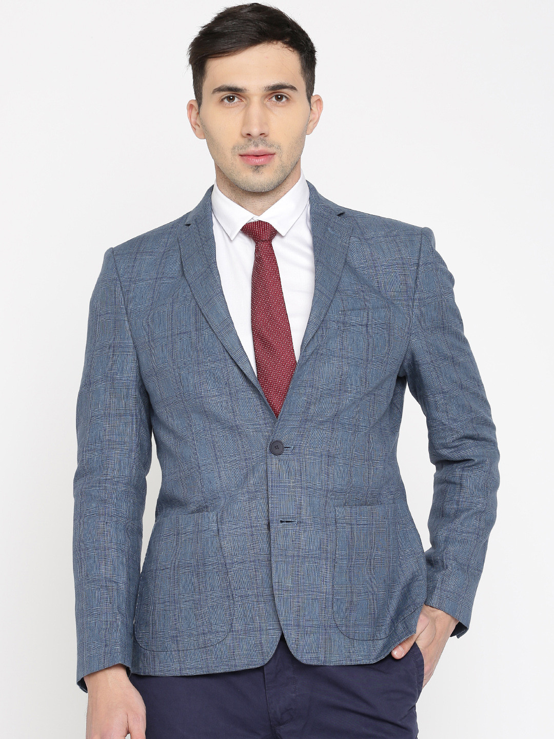 Buy Peter England Casuals Blue Slim Fit Single Breasted Checked Formal