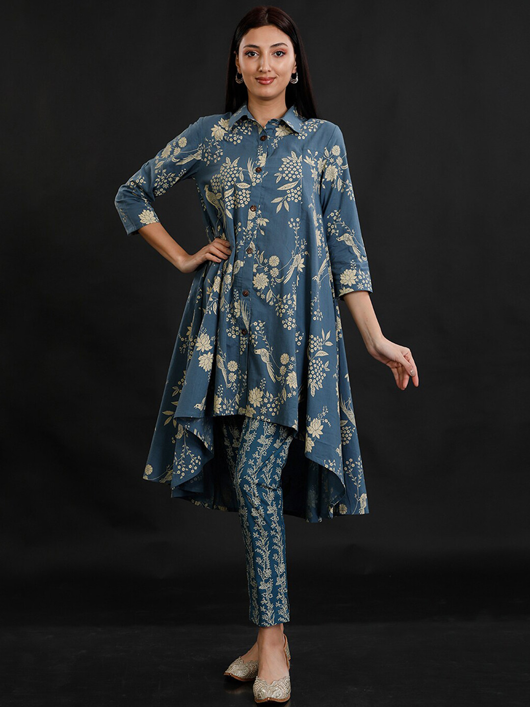 Buy FABNEST Shirt Collar High Low Floral Printed Pure Cotton Kurta With
