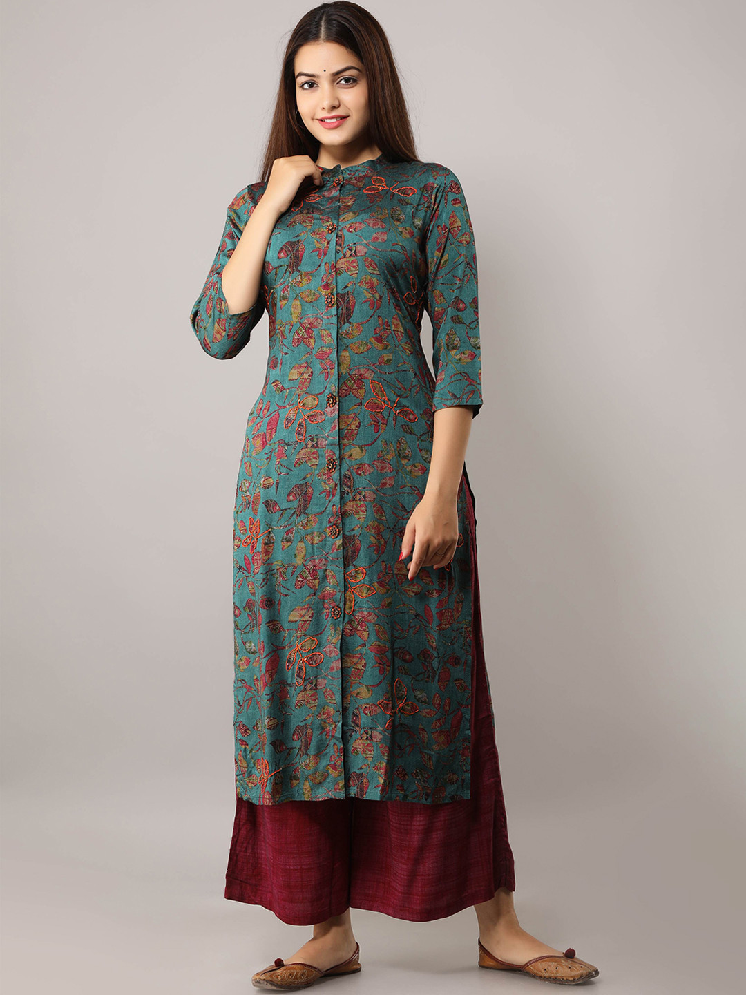 Buy Nehamta Band Collar Floral Printed Kantha Work Kurta With Palazzos