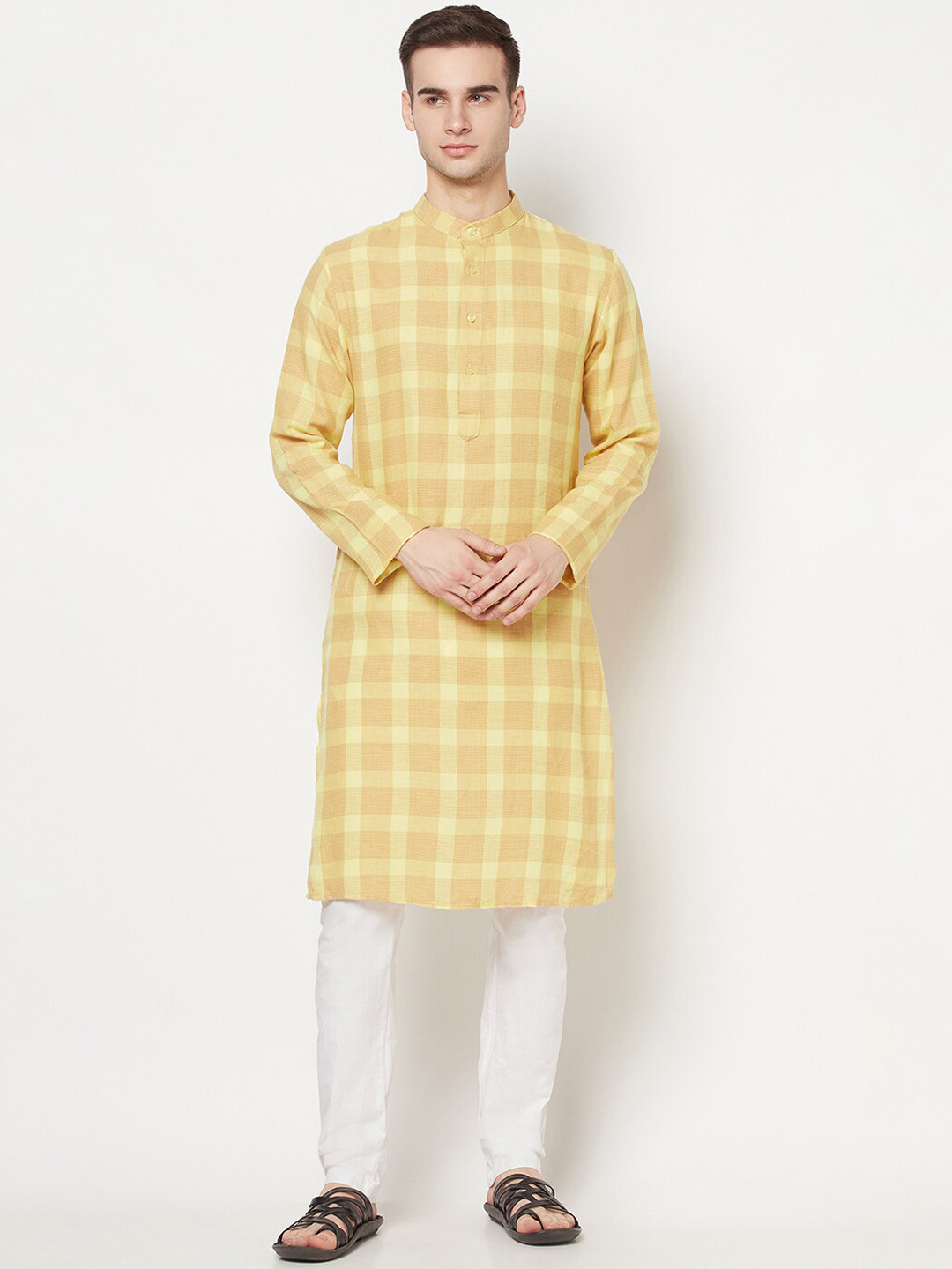 Buy Purple State Checked Mandarin Collar Straight Cotton Kurta Kurtas