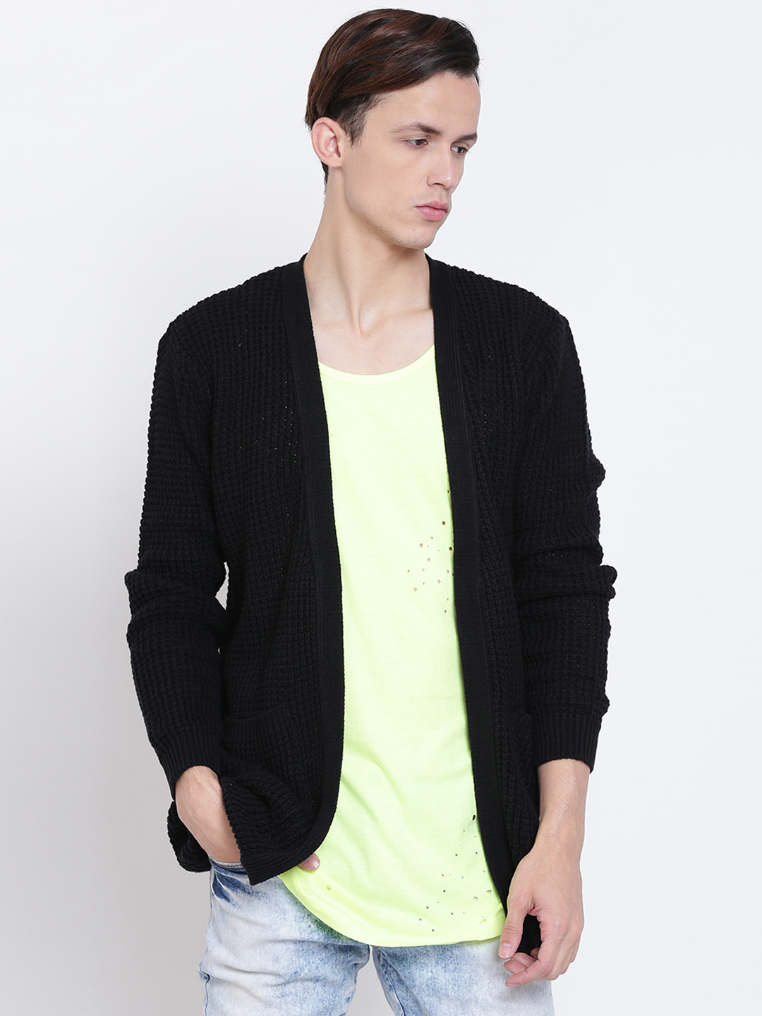 Buy FOREVER 21 Men Black Self Design Front Open Cardigan Sweaters for