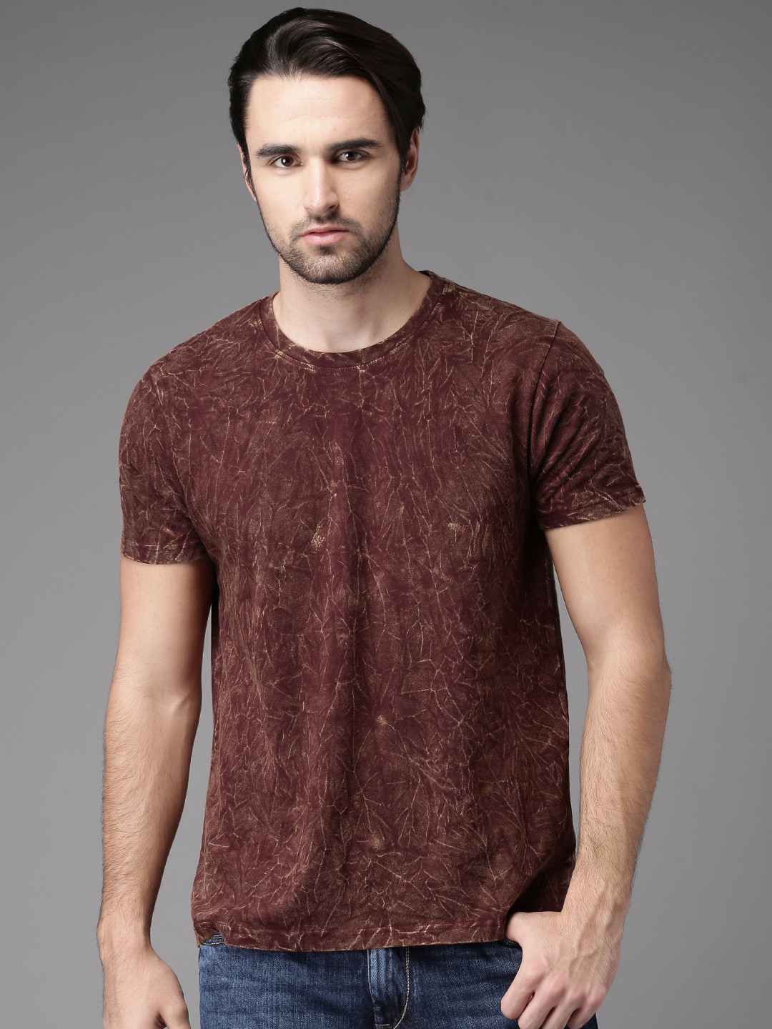Buy Here Now Men Maroon Dyed Round Neck T Shirt Tshirts For Men