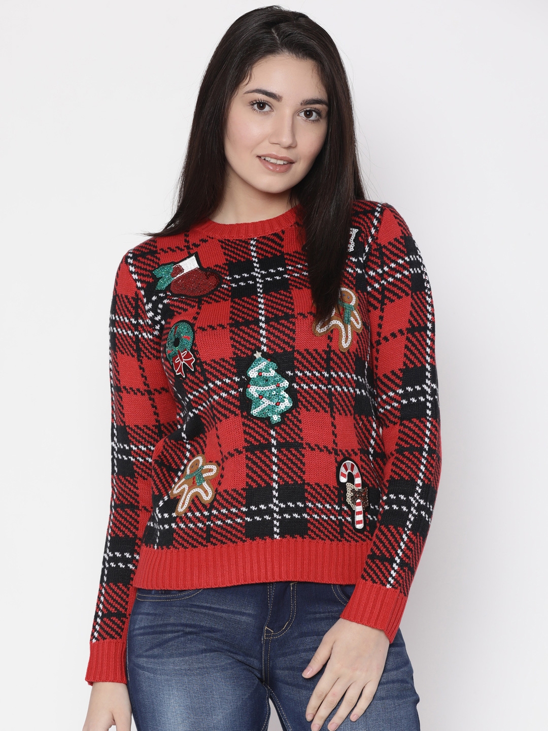 Buy FOREVER 21 Women Red & Black Checked Pullover - Sweaters for Women 2221936 | Myntra