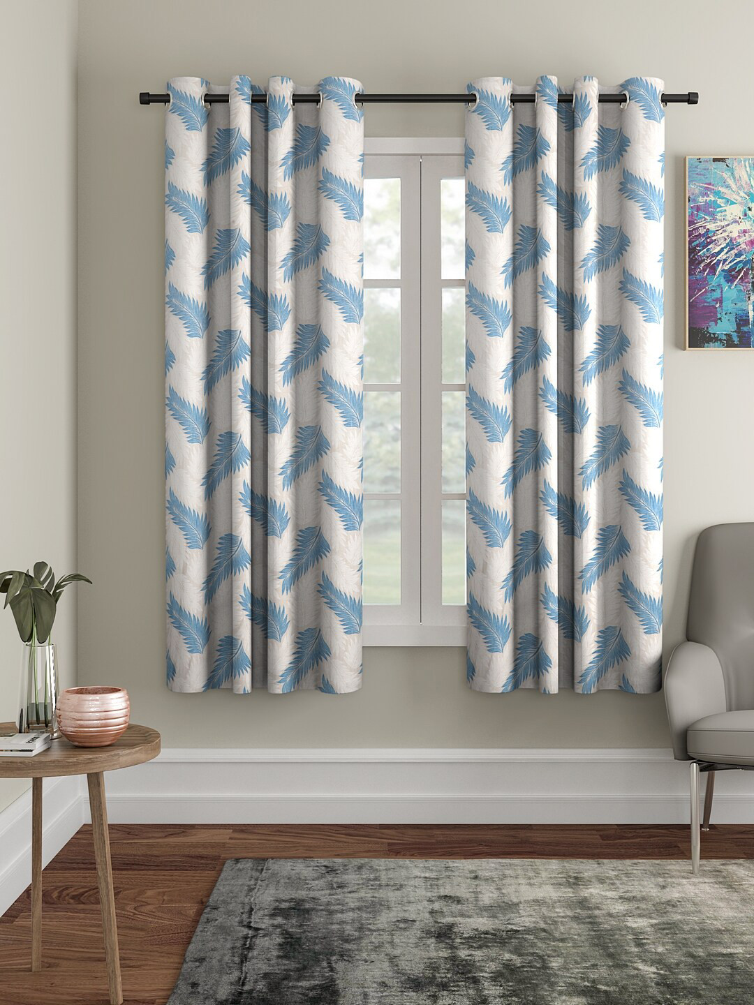 Buy Cortina Blue & Cream Coloured 2 Pcs Quirky Window Curtains