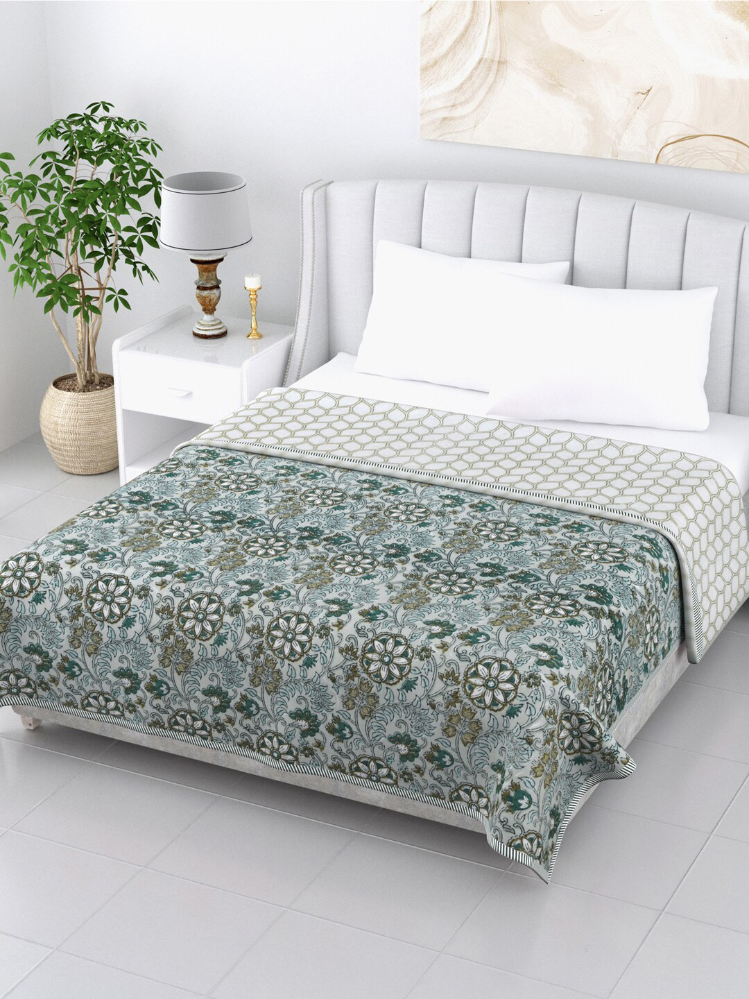 Buy LIVING ROOTS White Floral AC Room 210 GSM Double Bed Dohar