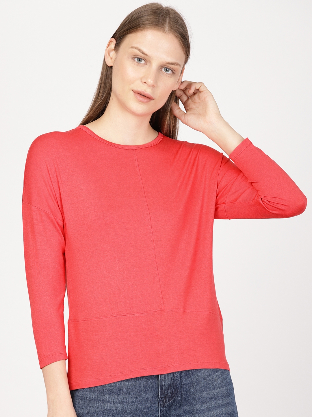 Buy Ether Women Coral Pink Solid Round Neck T Shirt - Tshirts for Women ...