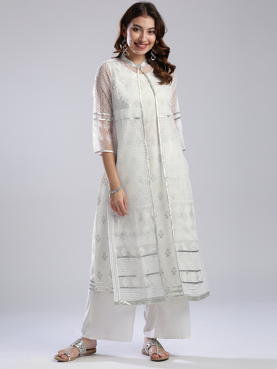 Buy W Women White Printed A Line Kurta With Longline Ethnic Jacket