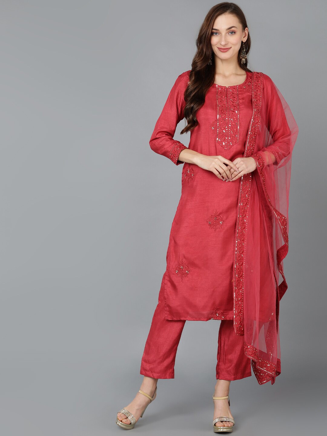 Buy AHIKA Floral Embroidered Sequinned Kurta With Trousers & Dupatta ...