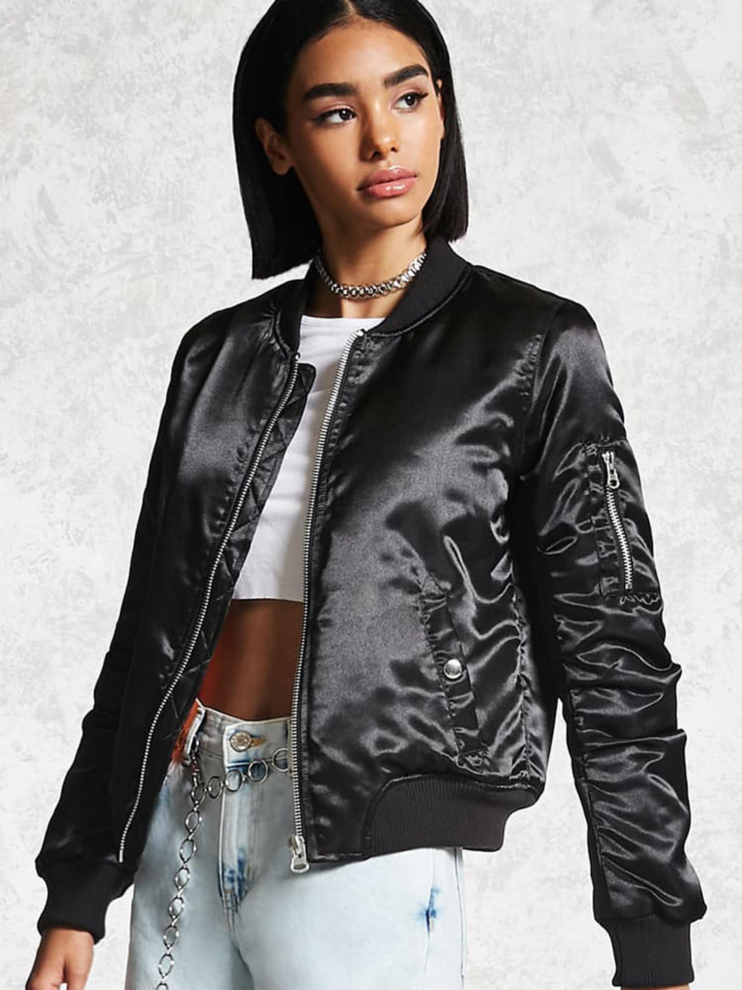 Buy FOREVER 21 Women Black Satin Bomber Jacket Jackets for Women