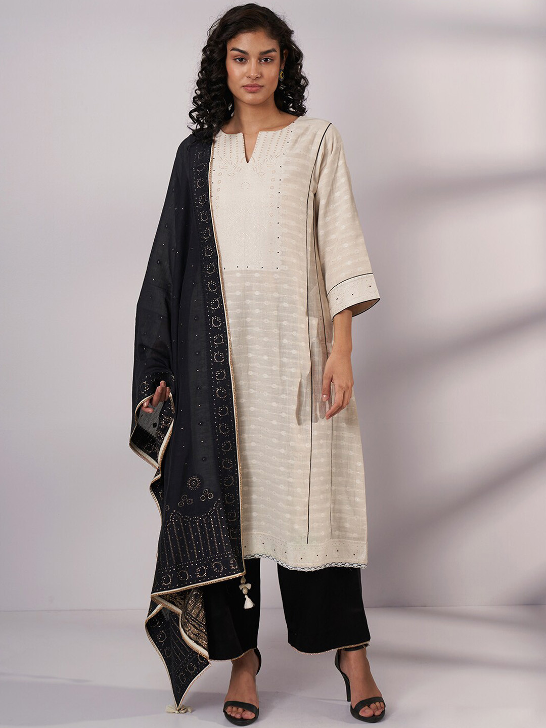 Buy Ganga Embroidered Linen Kurta With Palazzos & Dupatta Kurta Sets