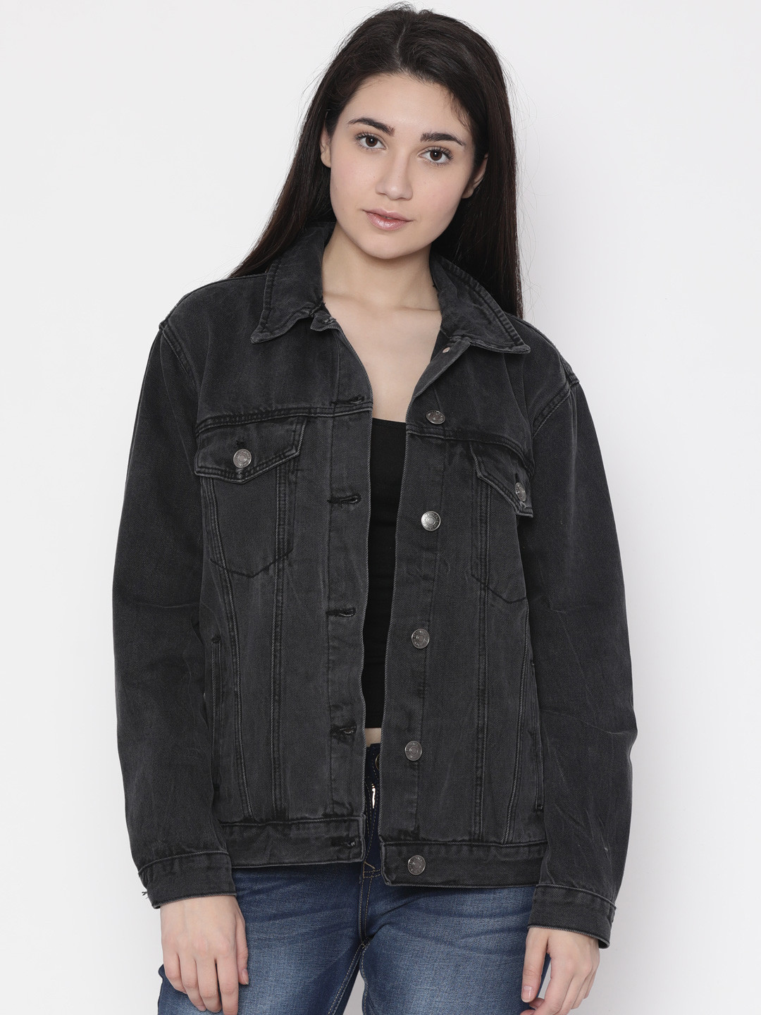 Buy FOREVER 21 Women Black Solid Denim Jacket Jackets for Women