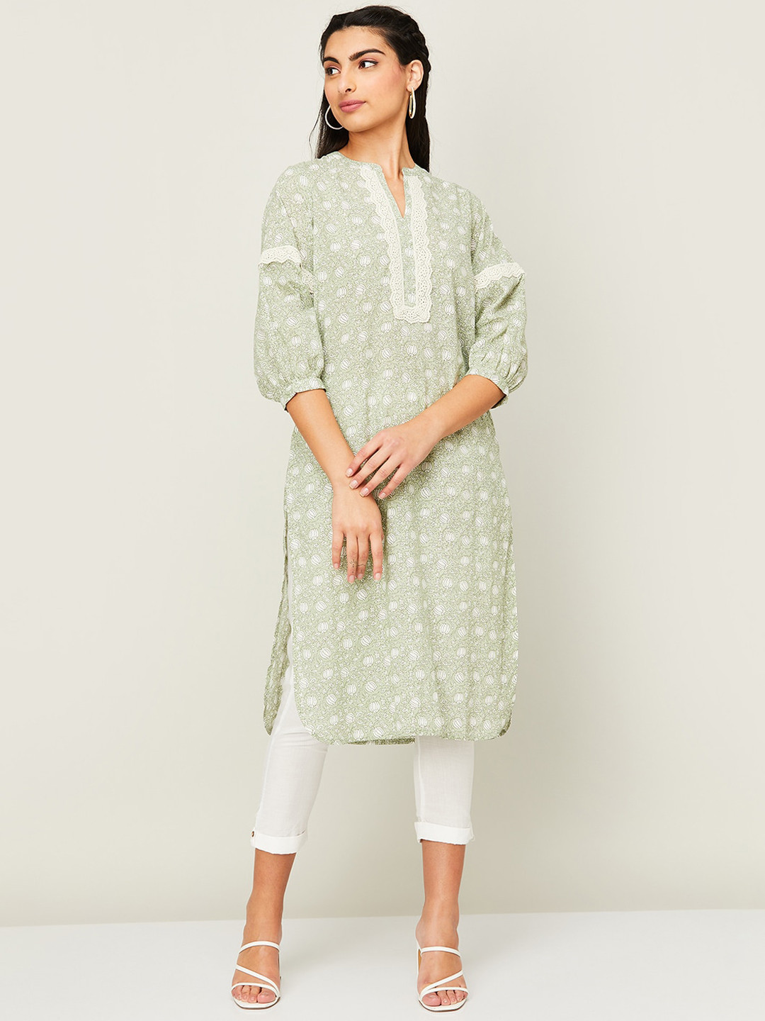 Buy Melange By Lifestyle Floral Printed Puff Sleeves Pure Cotton Kurta