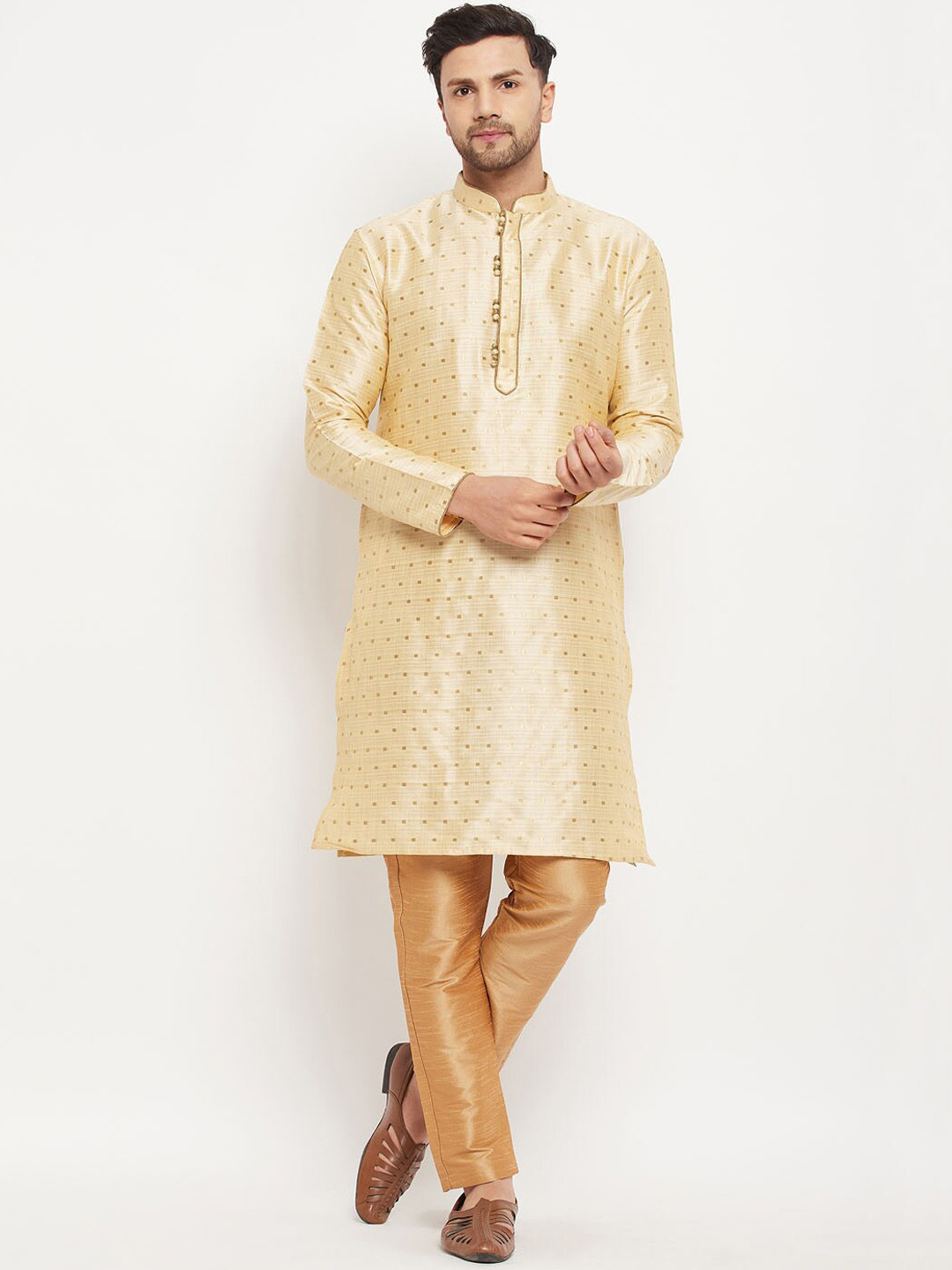 Buy VM Woven Design Mandarin Collar Kurta With Pyjamas Kurta Sets for