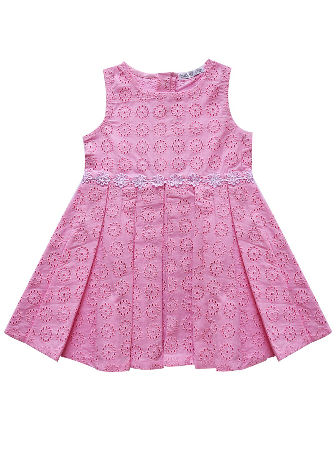 Buy Milou Girls Round Neck Pleated Schiffli Pure Cotton Fit And Flare