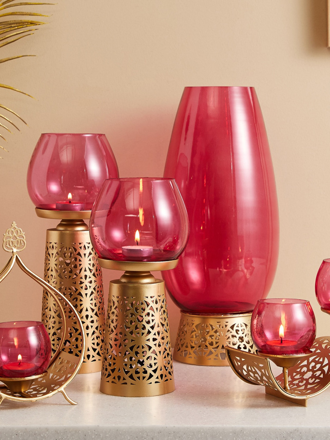 Buy Home Centre Gold Toned & Pink Cut Out Detailed Glass Hurricane