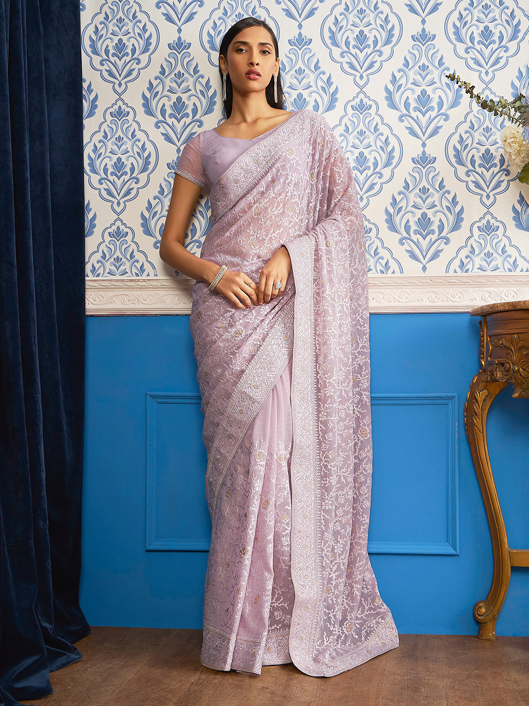 Lavender Embroidered Pure Chiffon Saree With Unstitched Blouse Piece
