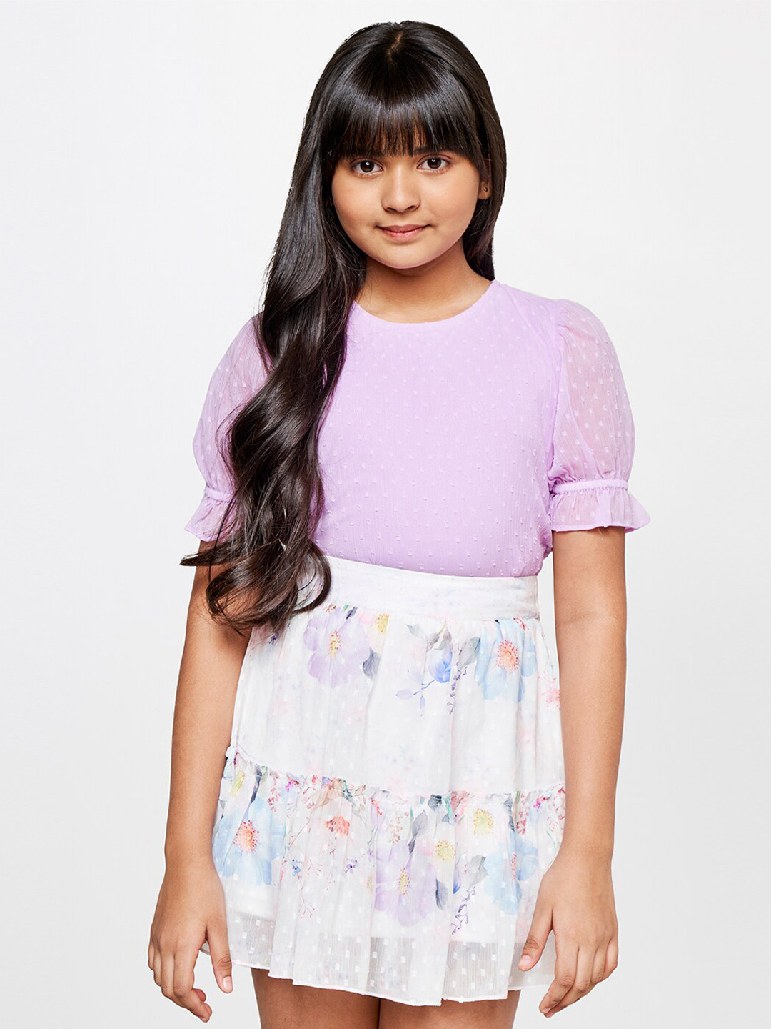 Girls Self Design Round Neck Top With Skirt